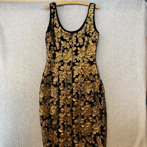 Tatyana L Gold Sequin Velvet Cocktail Dress Midi Pin Up Flirty Formal Bodycon - Picture 6 of 11